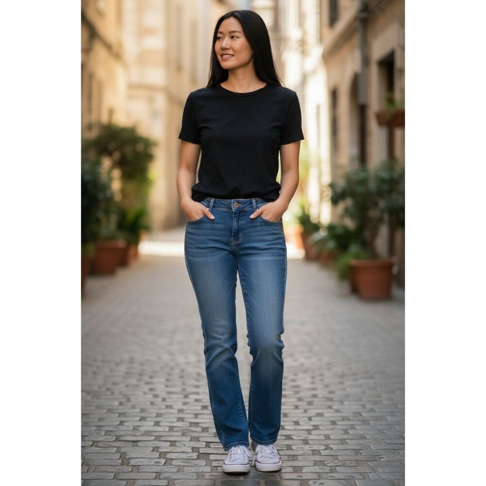 Vintage-Inspired Womens Denim Jeans W/ Beaded Side Detailing & Rhinestone Button